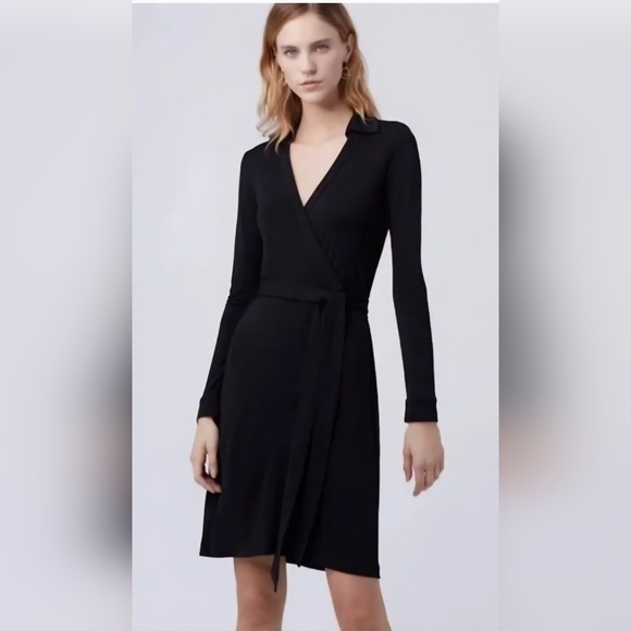 Diane Von Furstenberg Jeanne Two Womens Black Wrap Midi Dress Size 8 Made In USA - Picture 2 of 8
